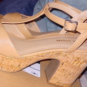 Sun&Stone,Sz11 Nude/Tan Spring/Summer T Strap Cork Heels, Brand New in Box w/Tag